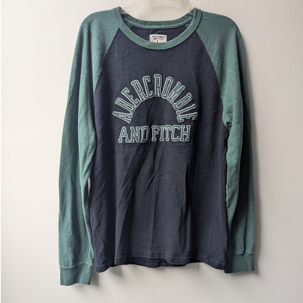 Abercrombie & Fitch Raglan Shirt Navy Green Logo Slub Knit Sz L Y2K Collegiate